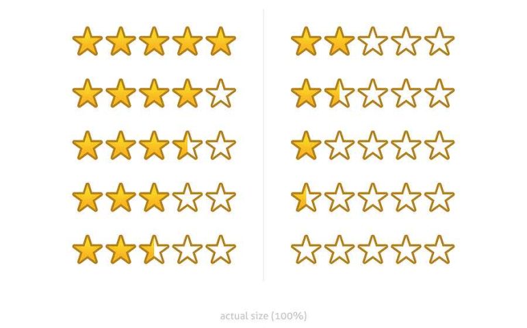 Star rating. Quality gold stars vector set. Different ratings. One to five stars customer review. Half and whole stars. Isolated sets. EPS. App, website, reviews, shopping, ranking elements.