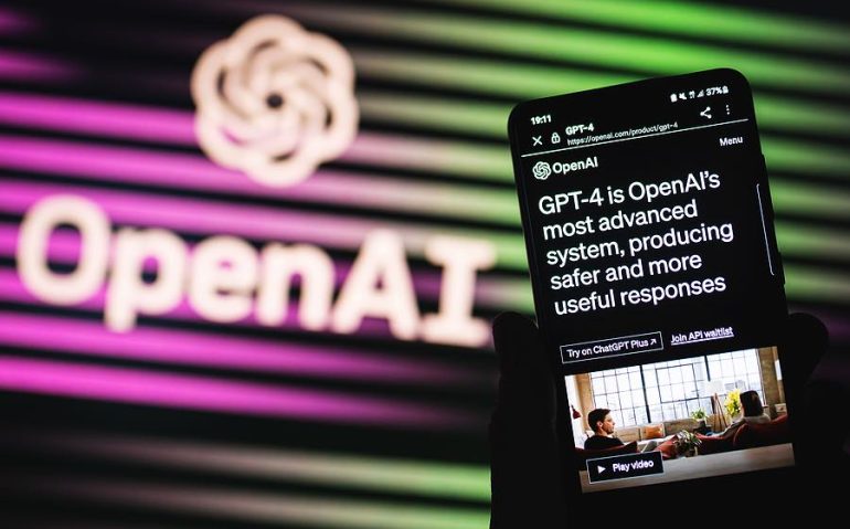 OpenAI GPT-4 AI chatbot release page on phone screen. Available via ChatGPT Plus. Open AI logo background. Swansea, UK - March 30, 2023.